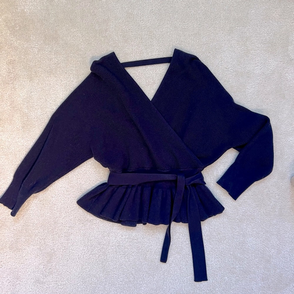 Faux wrap, peplum navy sweater